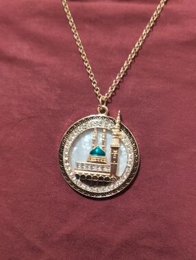 Gold-Tone Mosque Pendant Necklace with Teal Dome